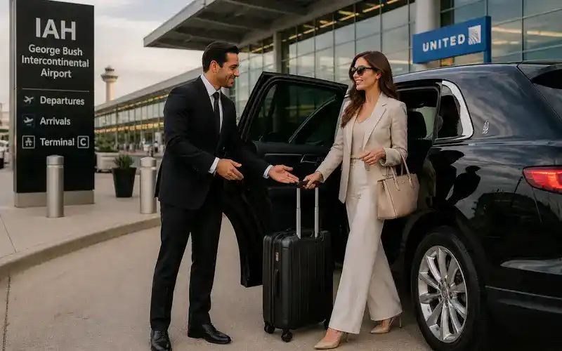 IAH airport transportation chauffeur helping passenger with luggage at George Bush Intercontinental Airport Houston.